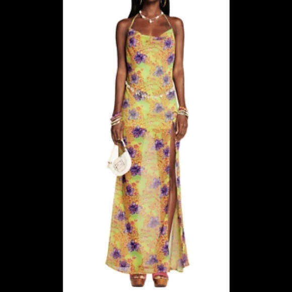 NEW I.AM.GIA Naphtalia Hibiscus Floral Print Maxi Dress w Slit and Seashell Belt - Picture 2 of 16